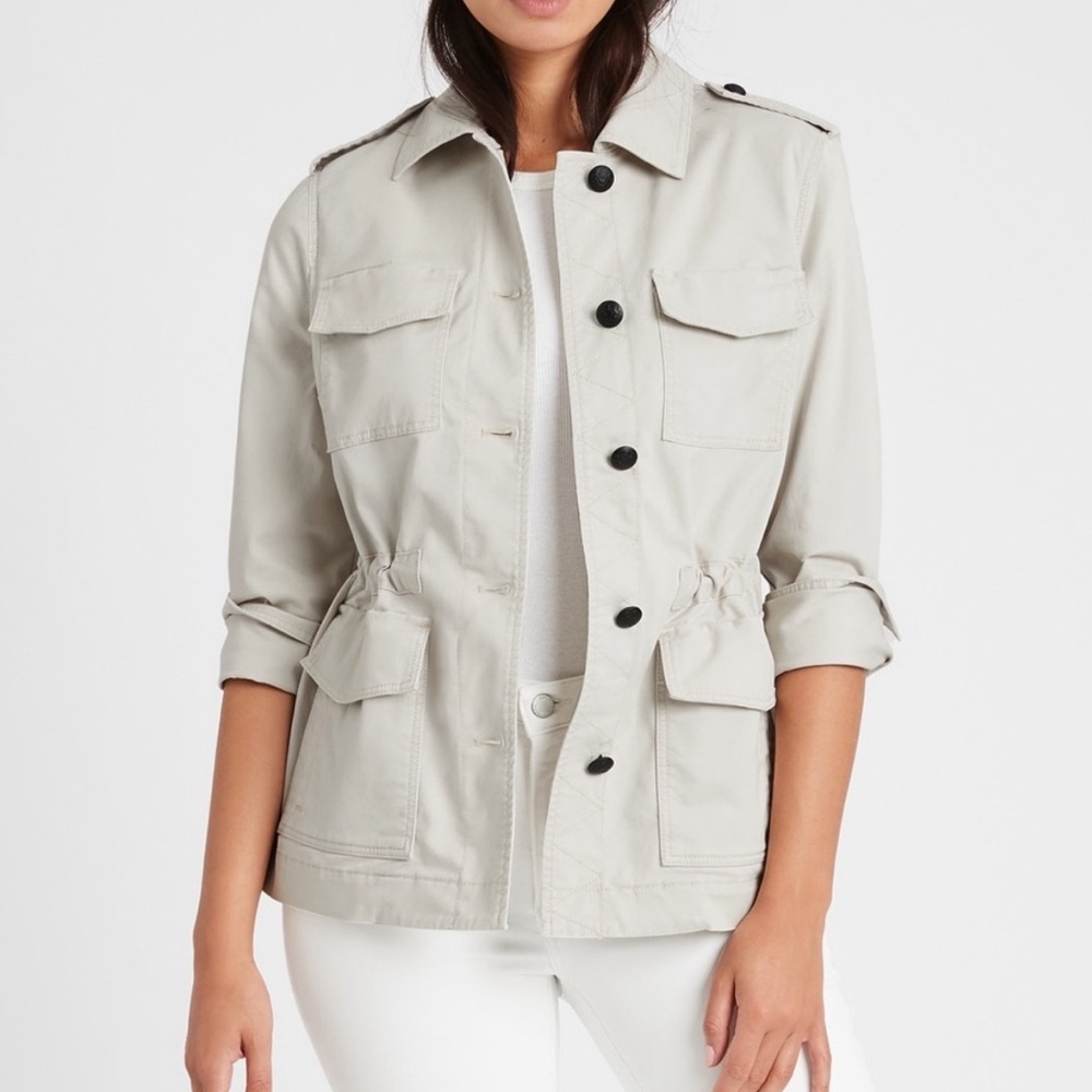 Banana Republic Twill Utility Jacket Stone Gray Drawstring Sz XS 425037 T0829